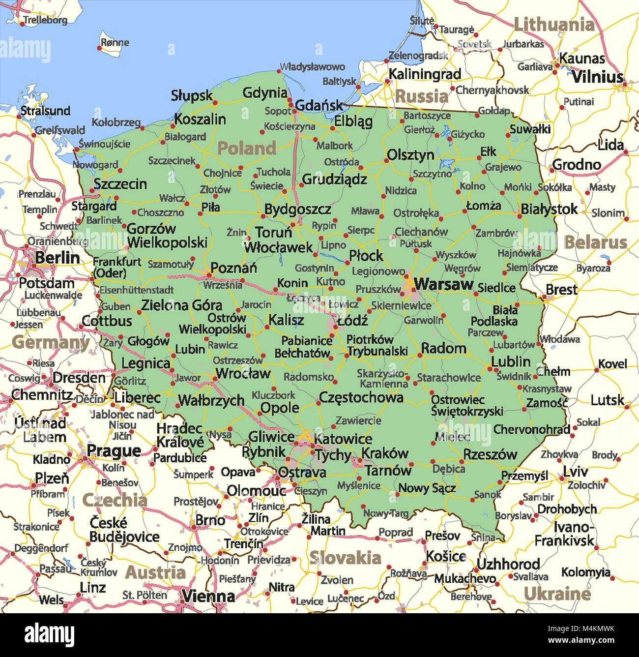 Mapa de Polonia. Muestra las fronteras de los países, las zonas urbanas, los nombres de lugares y caminos. Etiquetas en inglés cuando sea posible. Proyección: Mercator. Ilustración del Vector