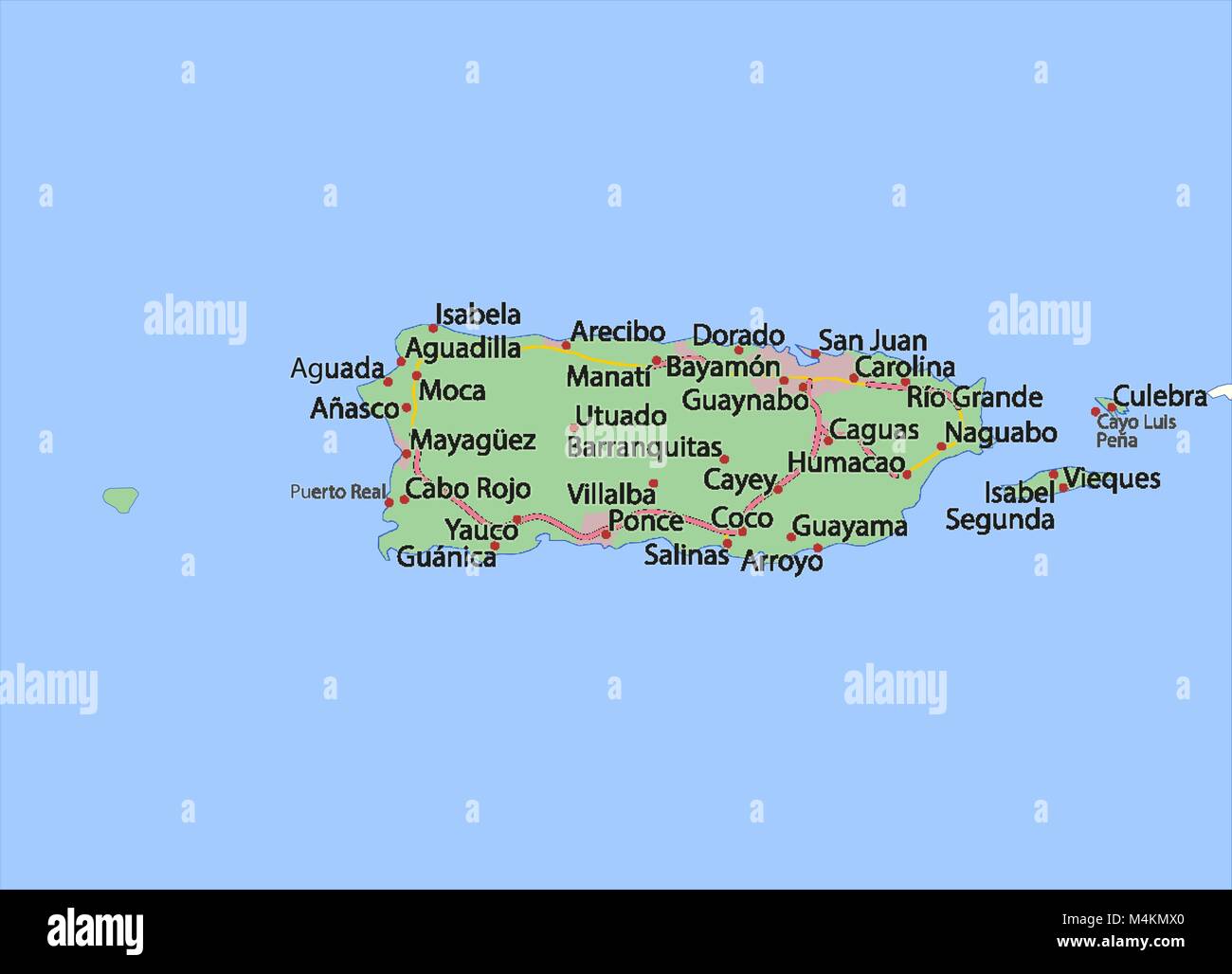 Mapa de Puerto Rico. Muestra las fronteras de los países, las zonas  urbanas, los nombres de lugares y caminos. Etiquetas en inglés cuando sea  posible. Proyección: Mercator Imagen Vector de stock -