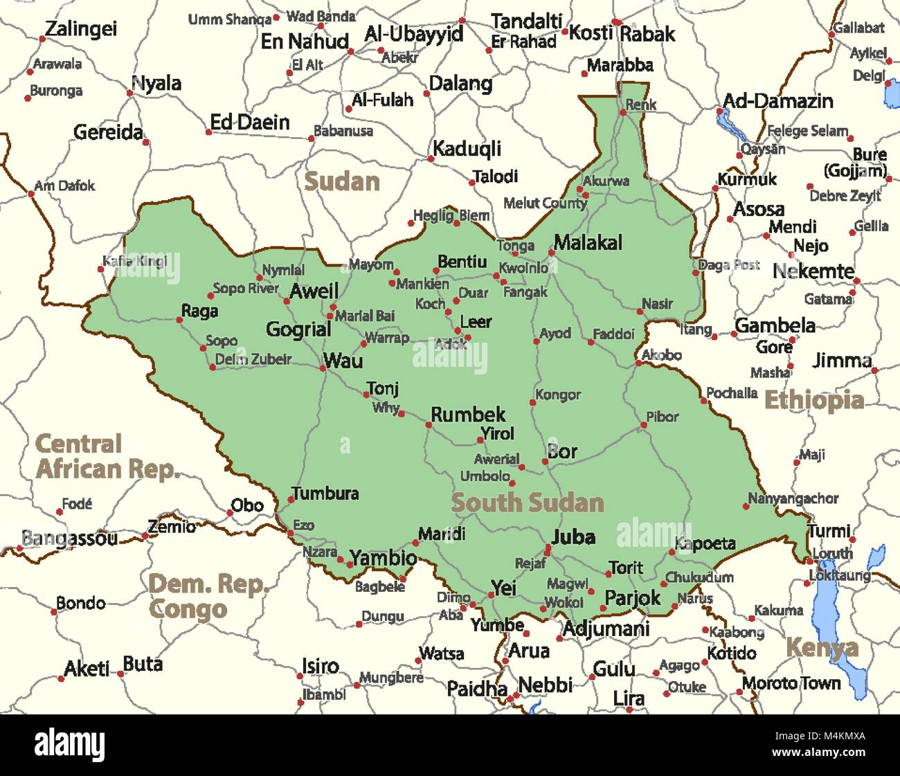 Mapa de Sudán del Sur. Muestra las fronteras de los países, las zonas