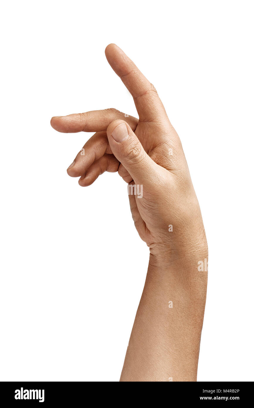 La mano del hombre que indica el dedo índice aisladas sobre fondo blanco. Cerca. Producto de alta resolución Foto de stock