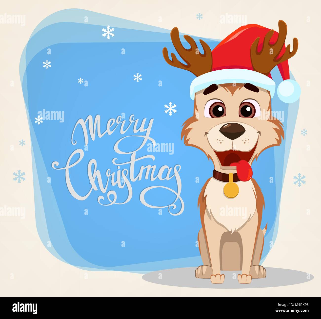 Navidad tarjeta de felicitación. Lindo perro vestidos de Santa Claus hat y de ciervos. Rotulación dibujados a mano y copos de nieve en el lado izquierdo. Ilustración vectorial Imagen Vector