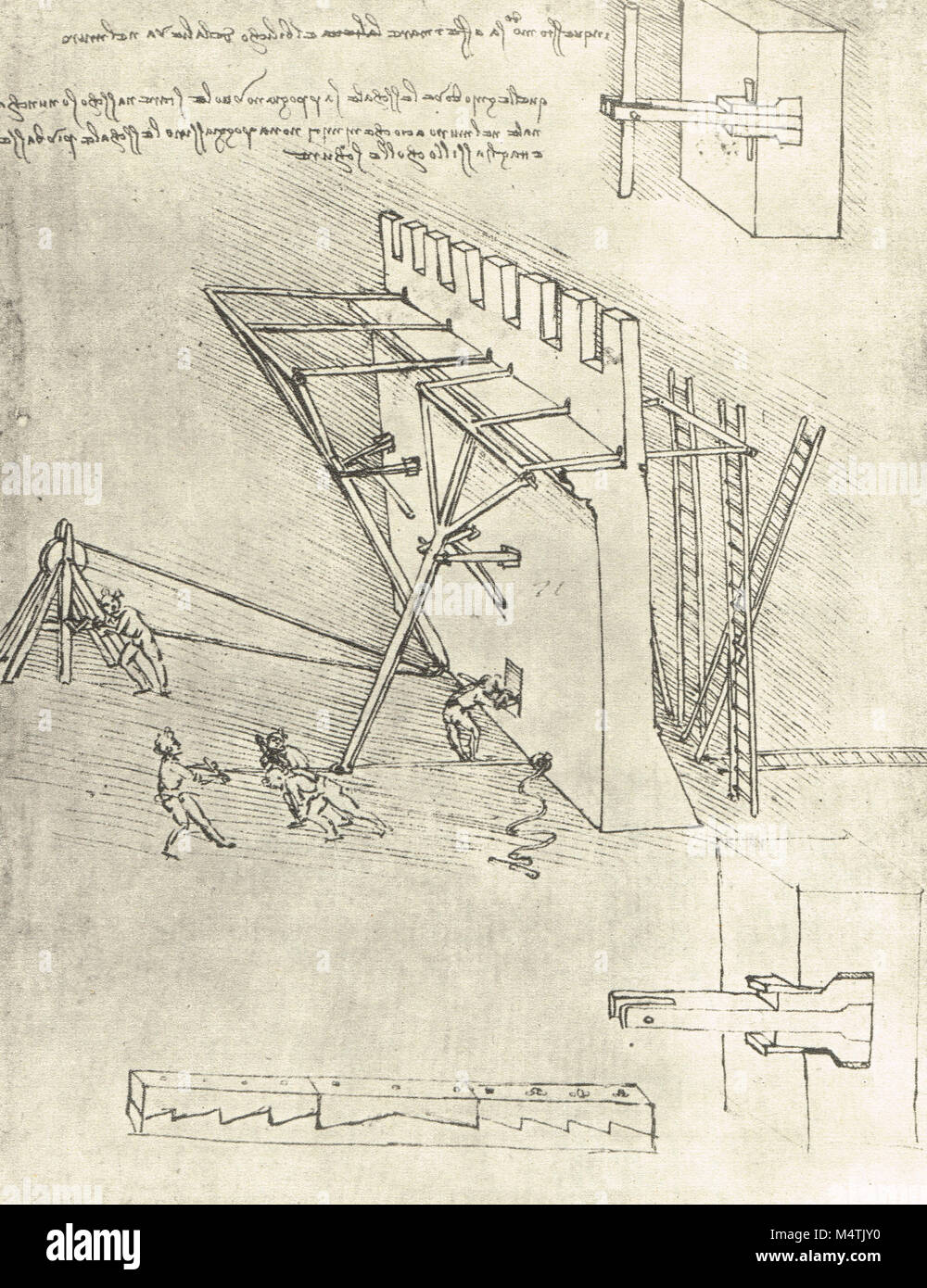 Dispositivo para repeler escalar escaleras, dibujado por Leonardo Da Vinci, circa 1475-80 Foto de stock