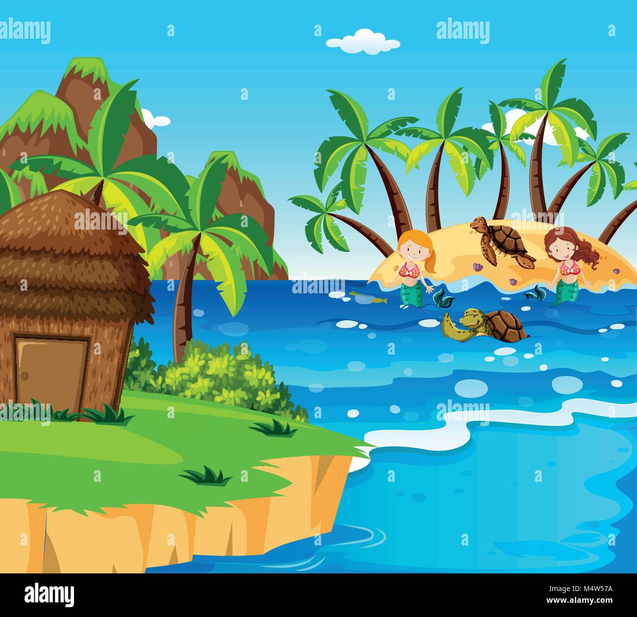 Sirenas y tortugas marinas en la isla la ilustración Imagen Vector de stock  - Alamy