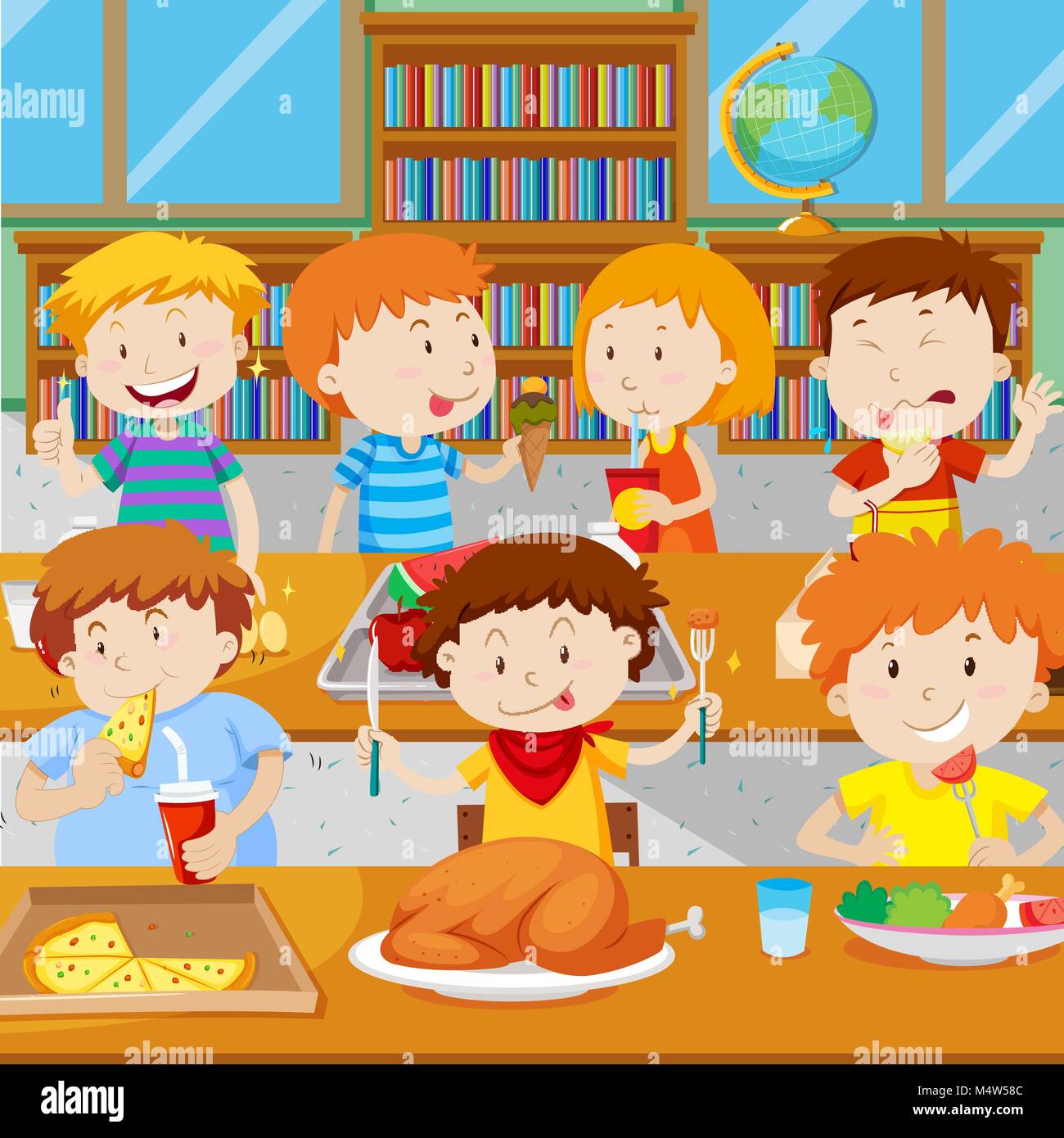 Los Ninos De La Escuela De Almorzar En La Cantina Ilustracion Imagen Vector De Stock Alamy