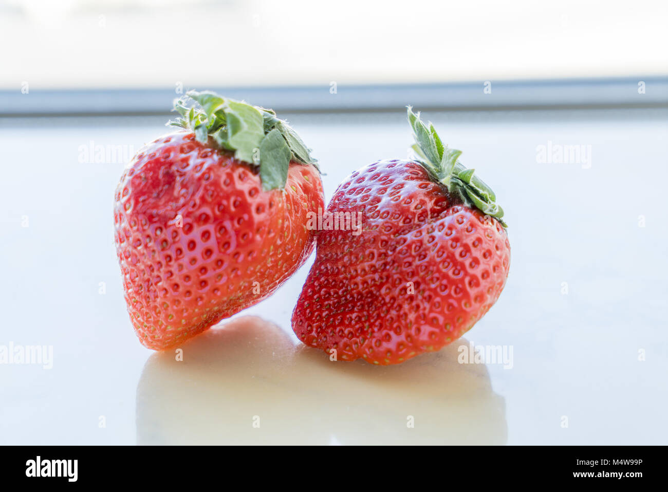 Cerca de fresas frescas sobre fondo blanco. Foto de stock