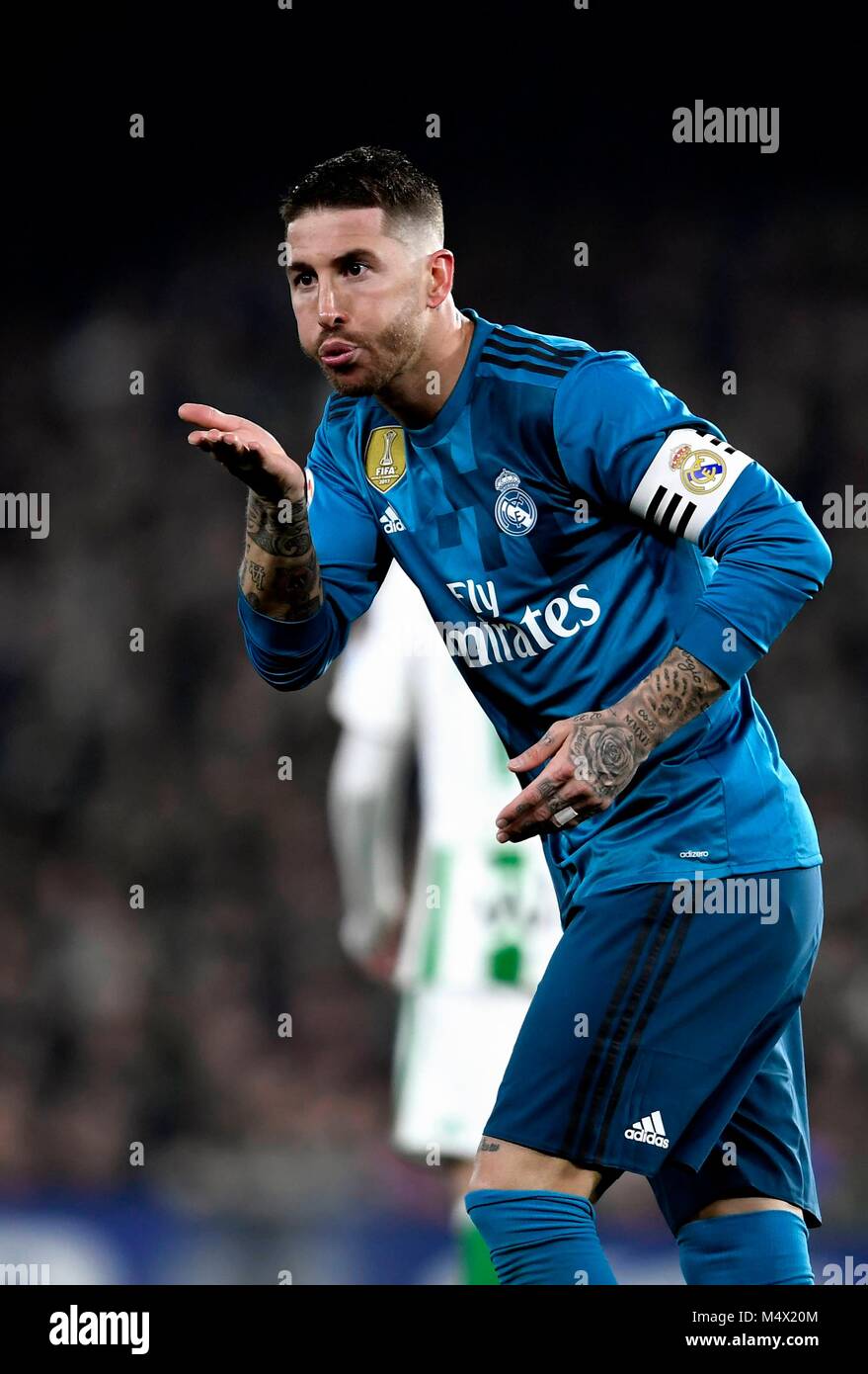 Jugador del Real Madrid Sergio Ramos celebra el gol en el partido  perteneciente a la Liga Santander; frente Real Betis Balompie vs Real  Madrid; Benito Villamarin Stadium; Sevilla; febrero 18th, 2018; Andalucía;