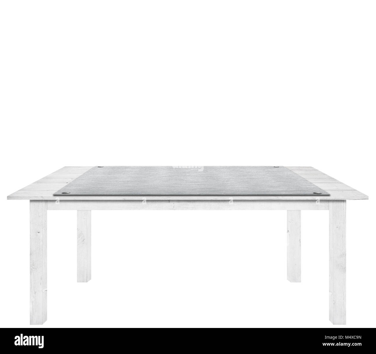 Tabla de tablones de madera con metal, placa de aluminio en la parte superior está aislado sobre fondo blanco, utilizado para mostrar los objetos. Foto de stock