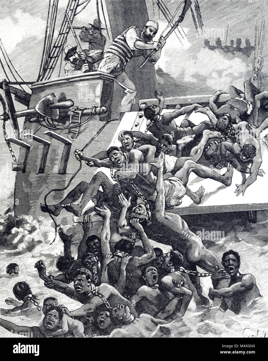 Los esclavos africanos negros lanzados fuera del barco de esclavos en