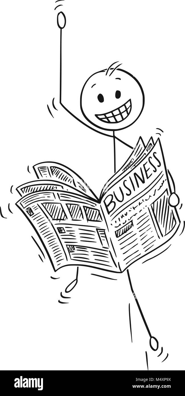 Caricatura de empresario feliz de leer las buenas noticias en el periódico de negocios Ilustración del Vector