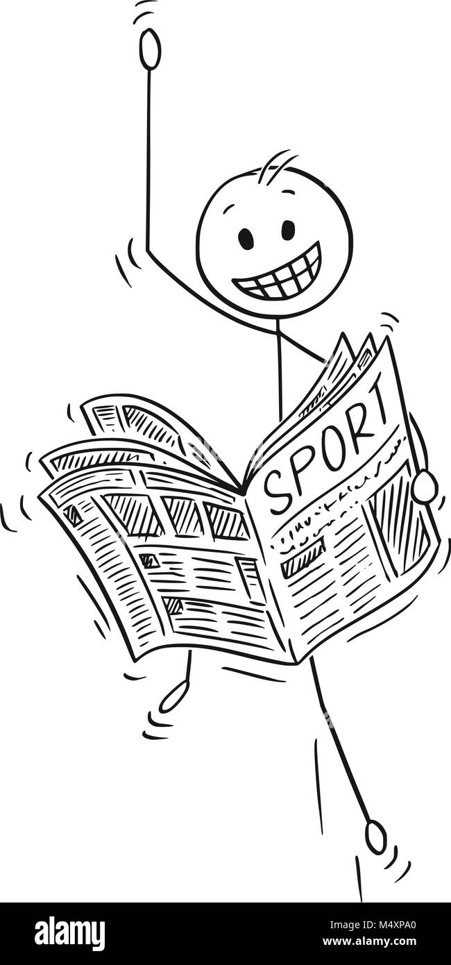 Caricatura de empresario feliz de leer buenas noticias deportivas en el periódico Ilustración del Vector