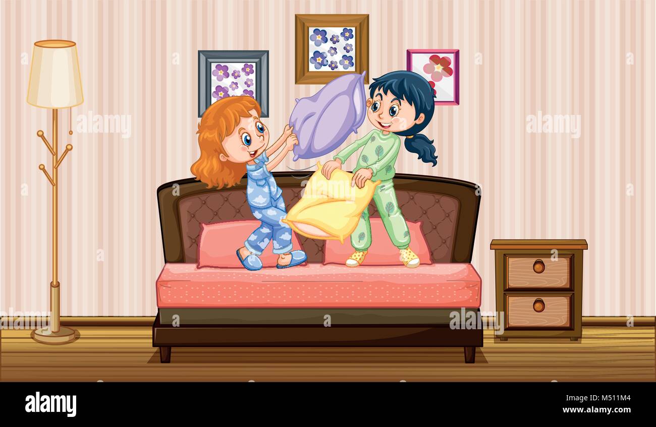 Dos niñas jugando almohada lucha en dormitorio ilustración Ilustración del Vector