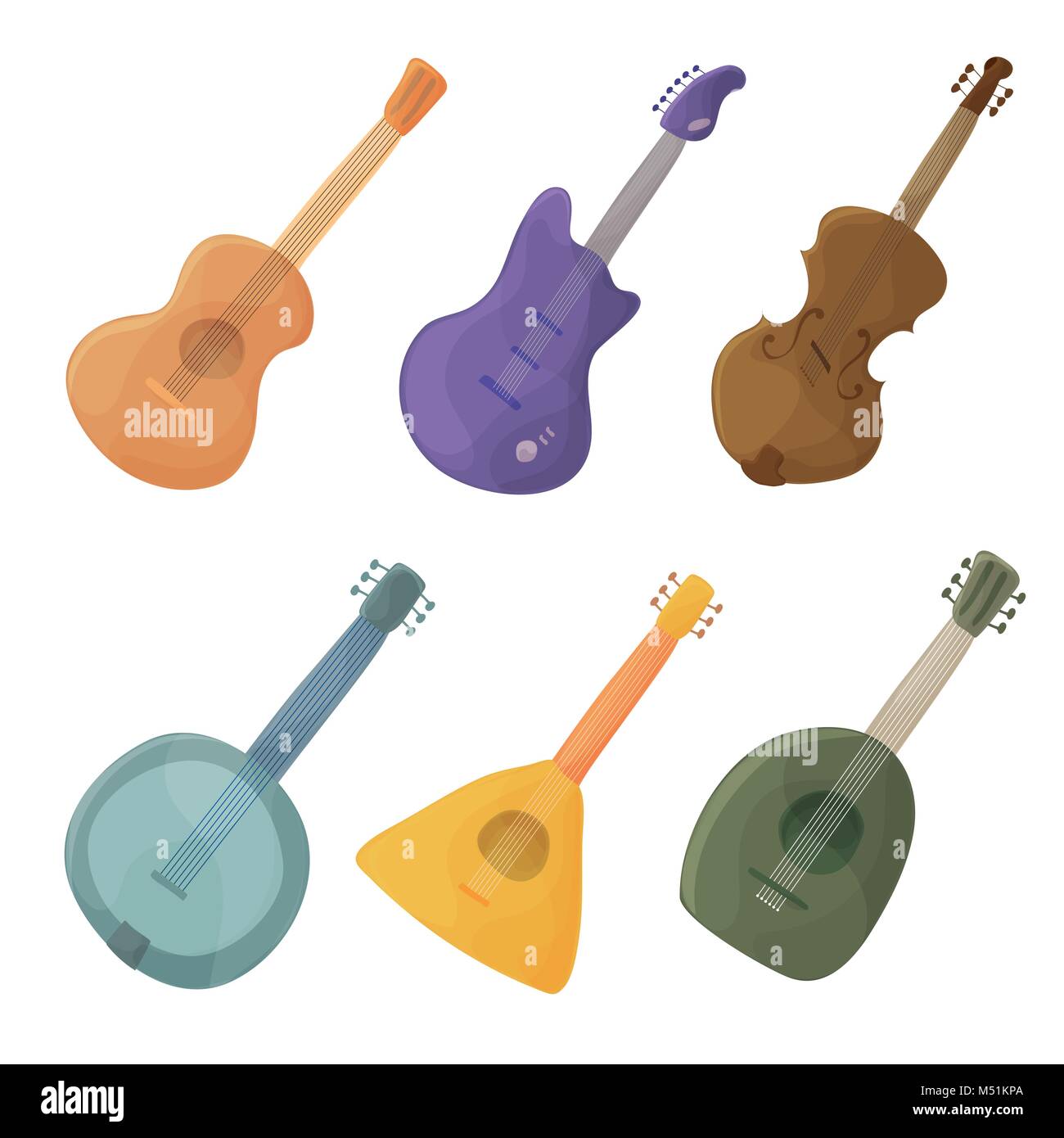 Instrumentos de cuerda musical en el estilo de dibujos animados de  guitarra, violín, balalaika, laúd - vector Imagen Vector de stock - Alamy