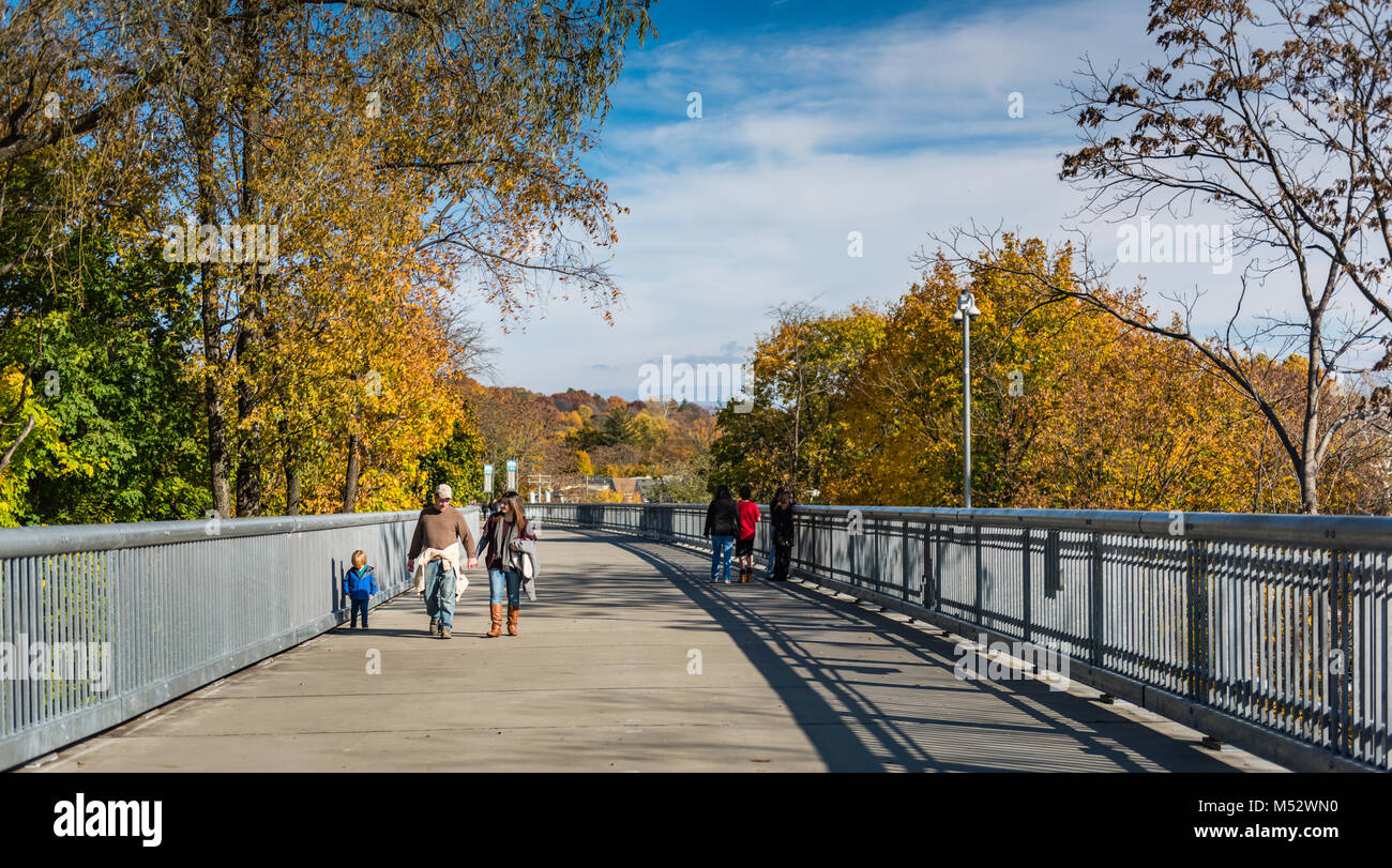 Enmarcada por el naranja y amarillo, hojas de follaje de otoño, una familia con niños ayoung paseos a lo largo de la pasarela sobre el Hudson, un puente voladizo de acero Foto de stock