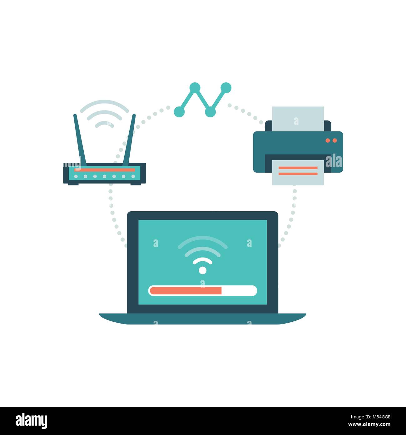 Equipo portátil conectado con el router y la impresora: conexión inalámbrica y dispositivos periféricos concepto Ilustración del Vector