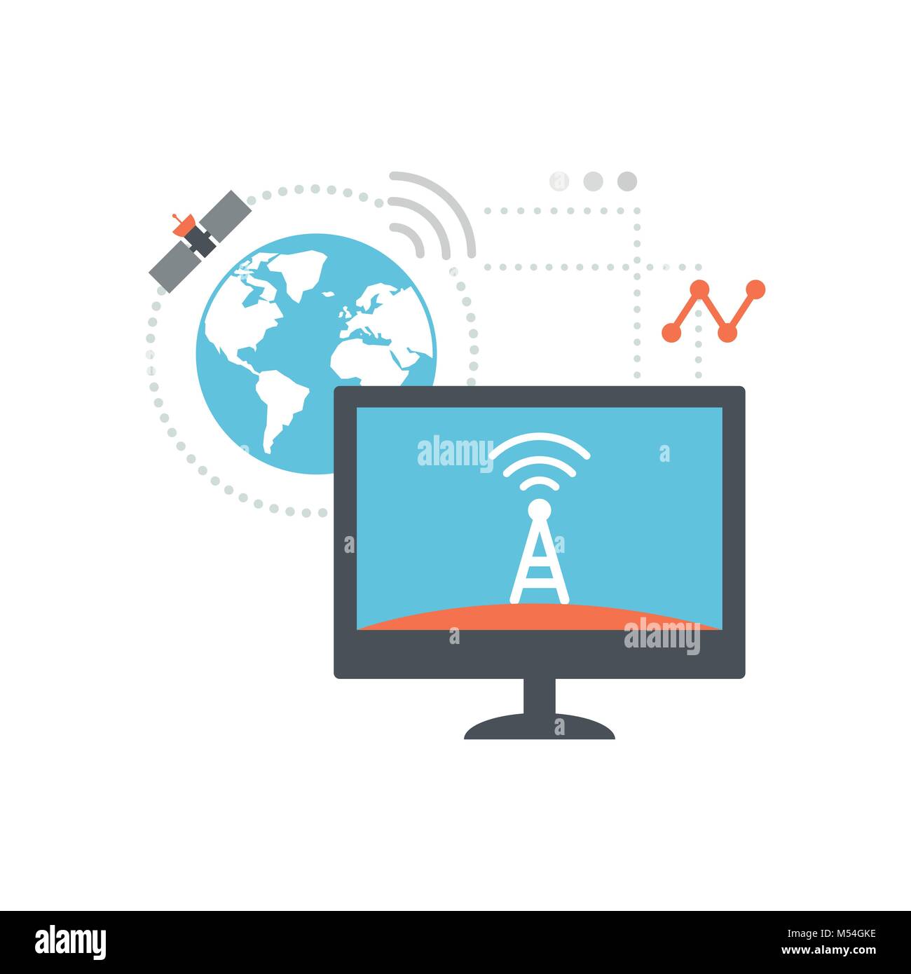 La radiodifusión de vídeo online en un ordenador y un globo terráqueo con satélites, las comunicaciones y el concepto de streaming Ilustración del Vector