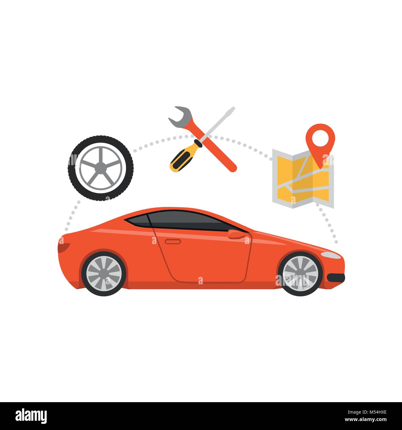 El mantenimiento del automóvil y la navegación gps, automoción y asistencia en carretera, concepto Ilustración del Vector