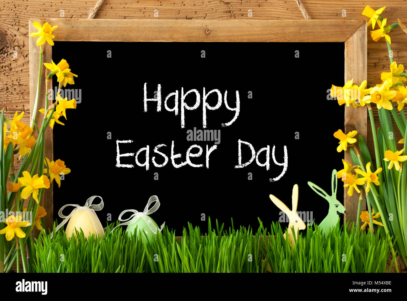 Narciso, huevo, Bunny, Texto Feliz Día de Pascua Foto de stock