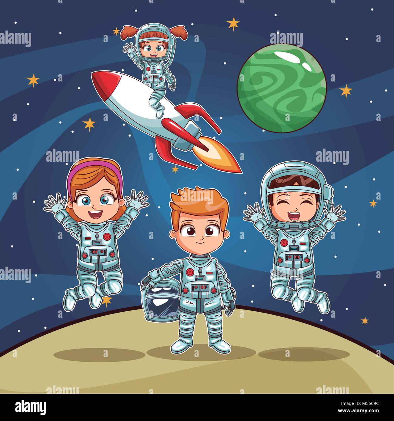 Los astronautas en el espacio de dibujos animados para niños Imagen Vector de stock - Alamy Los astronautas en el espacio de dibujos animados para niños Imagen Vector de stock - Alamy