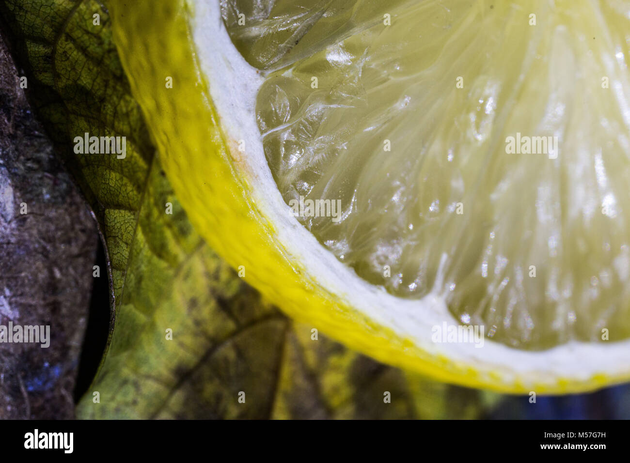Limón, macro, fruta, textura, amarillo, pelar, burbujas, rayas, reflejos, agua ácida, tonificación Foto de stock