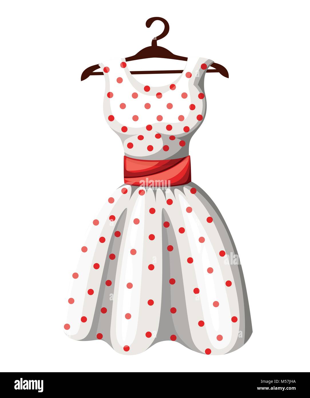 Polka Dot vestido blanco vestido de rojo con puntos rojos cinturón colgando en la percha de madera ilustración vectorial sobre blanco página de web mo Imagen Vector de