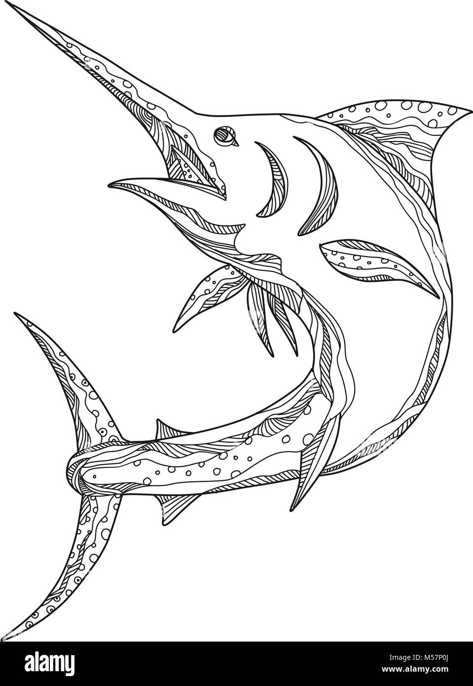 Doodle art ilustración de una aguja azul del Atlántico, una especie endémica de marlin al Océano Atlántico jumping realizado en estilo mandala. Ilustración del Vector