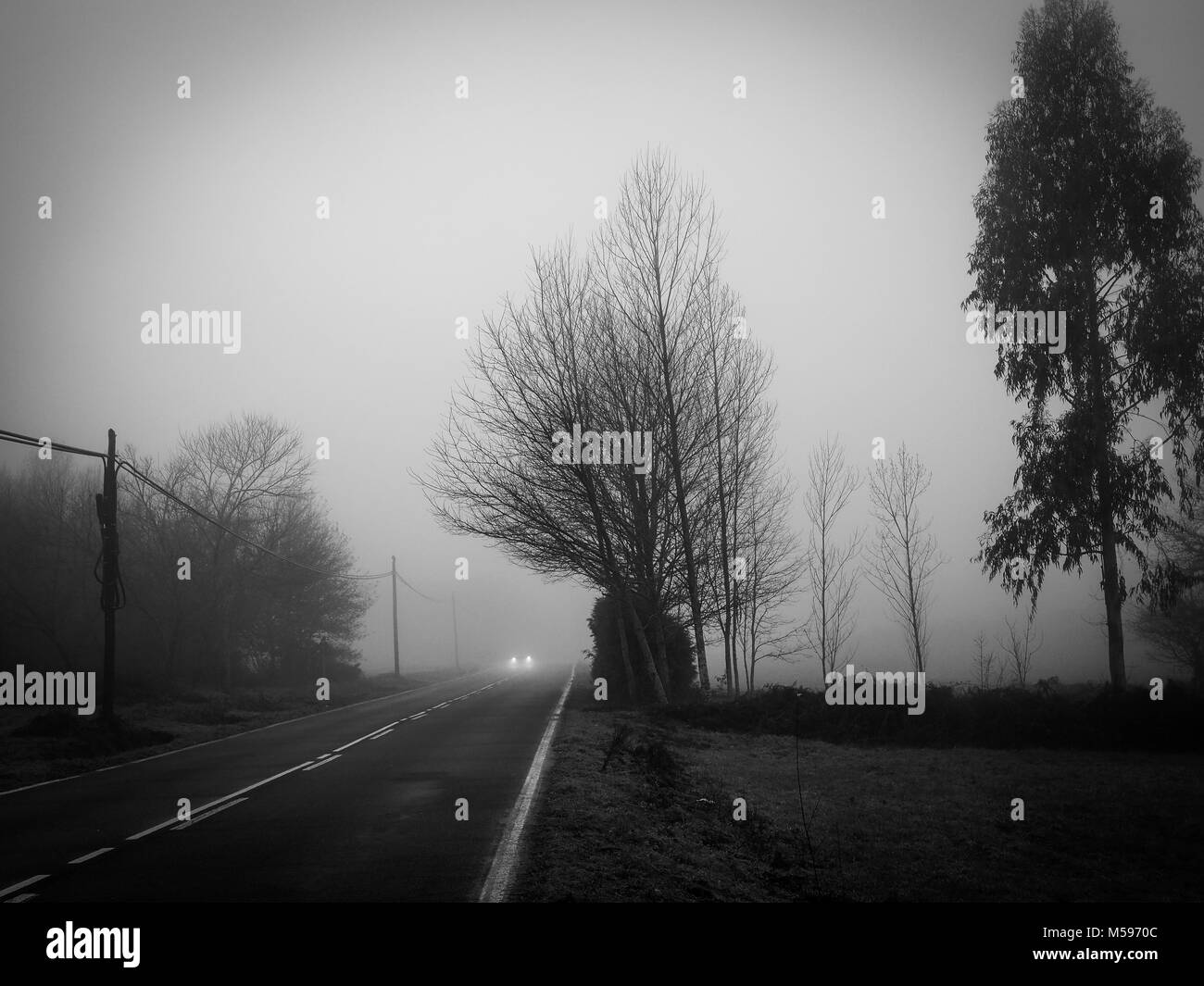 Coche de conducción en una carretera, envuelto en una densa niebla, con mala visibilidad Foto de stock