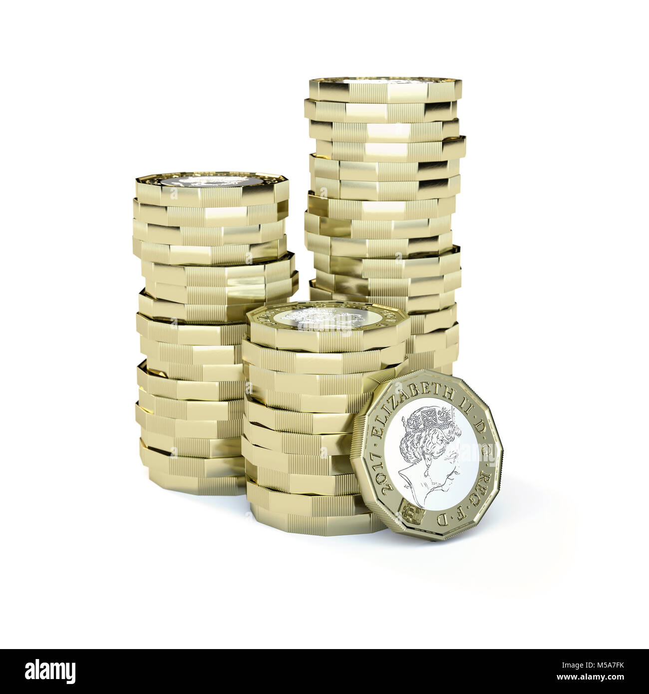 Montones de nuevas monedas de una libra esterlina gbp - macro Cerrar Foto de stock