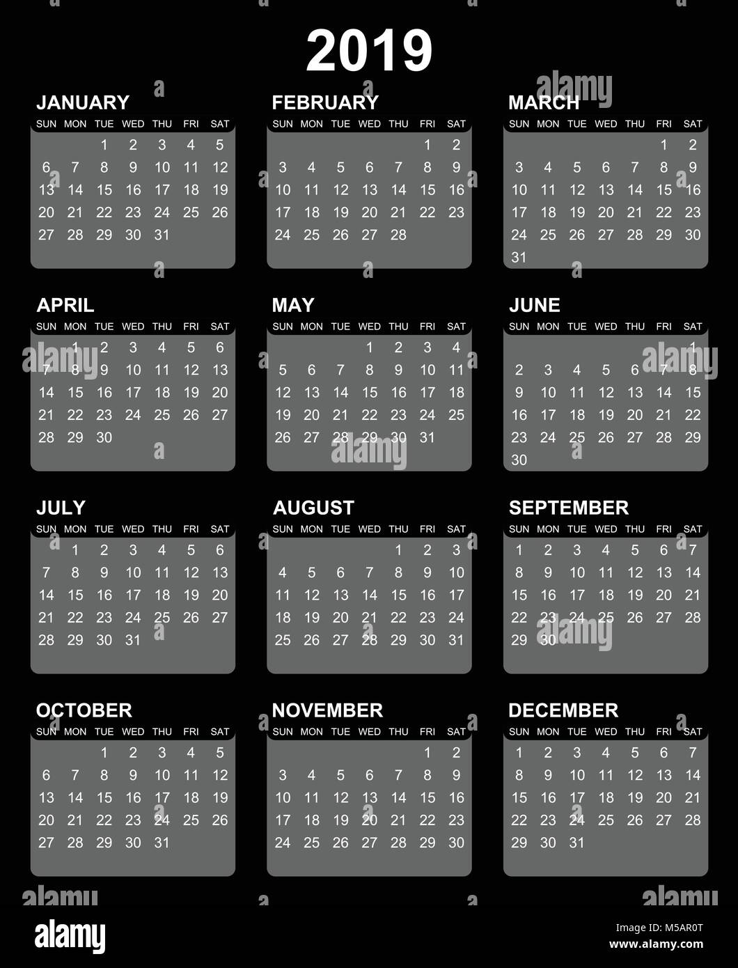Simple calendario vectorial editable para el año 2019 los domingos primero  sobre fondo negro Imagen Vector de stock - Alamy