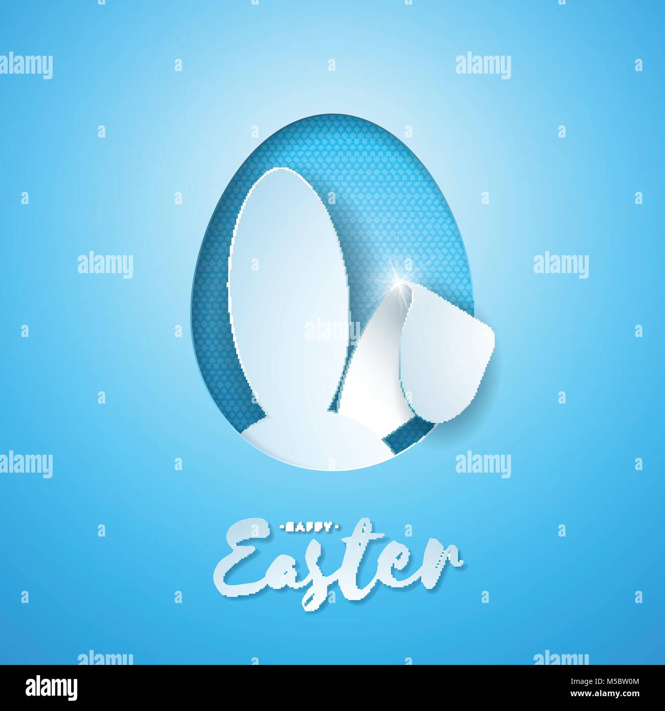 Ilustración vectorial de felices fiestas de Pascua con orejas de conejo en cortar el huevo y la tipografía Carta sobre fondo azul. Celebración internacional de diseño para la tarjeta de felicitación, invitación a una fiesta o Promo. Ilustración del Vector