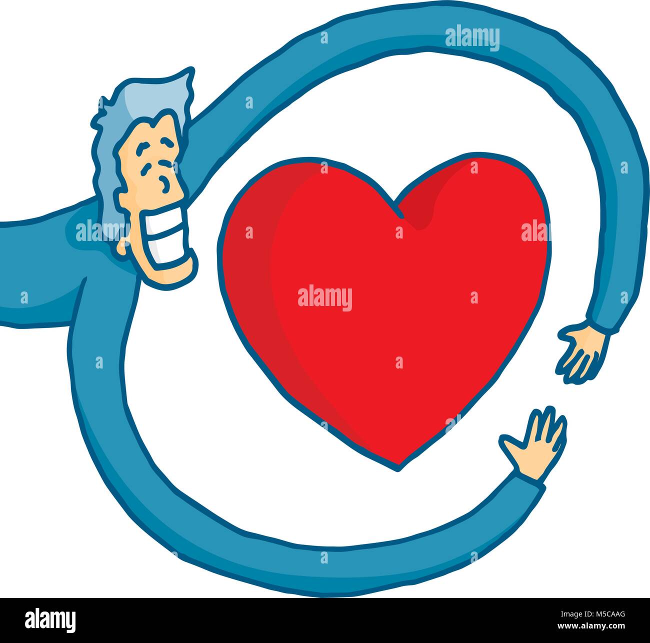 Cartoon ilustración del hombre en el amor abrazando un enorme corazón Ilustración del Vector