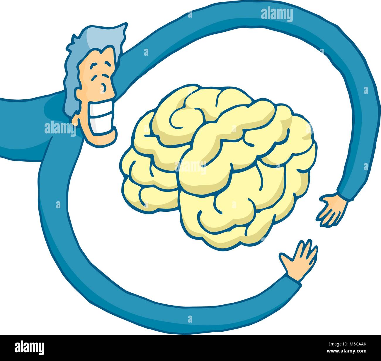 Cartoon ilustración del hombre feliz abrazando un cerebro Ilustración del Vector