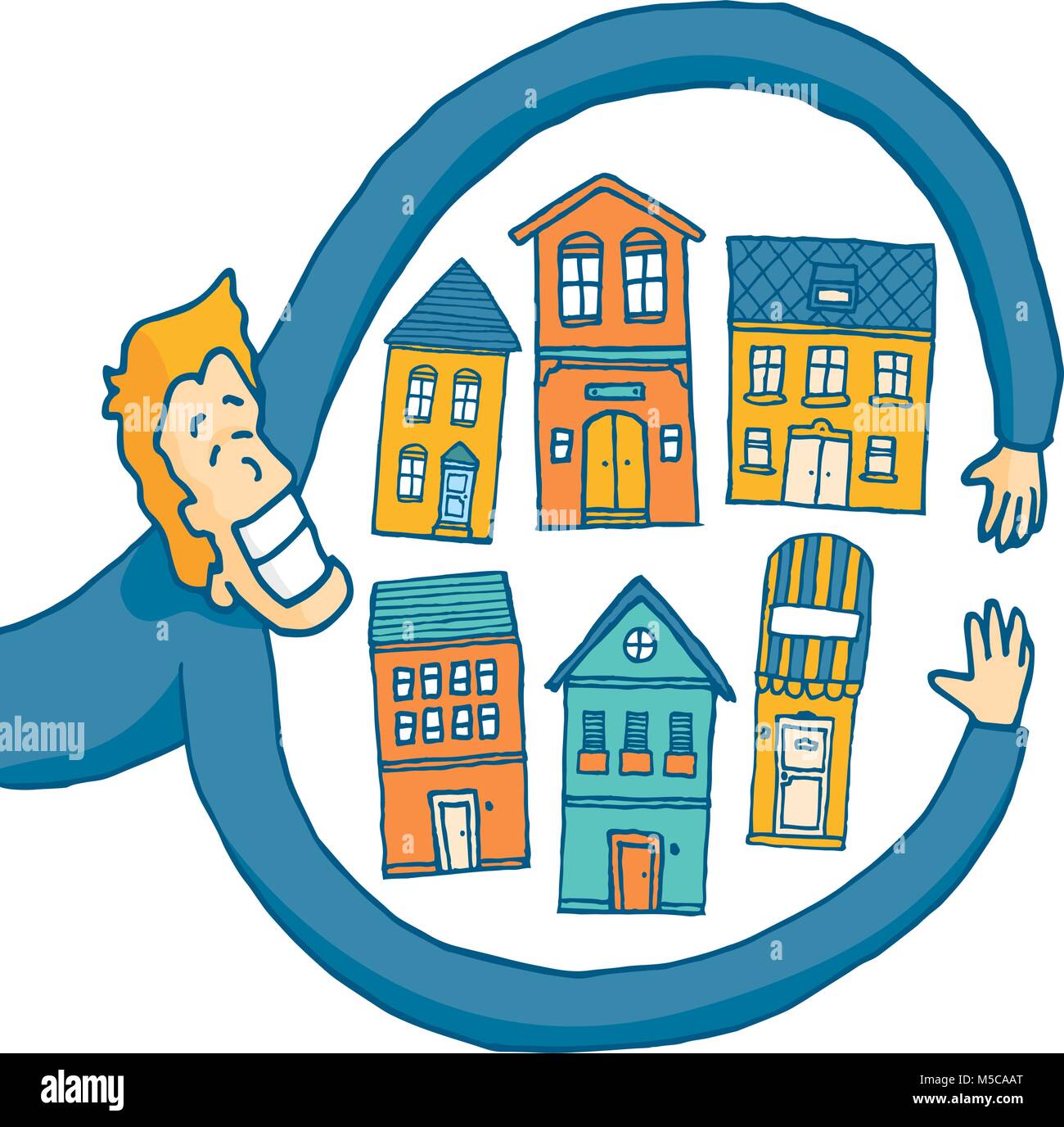 Cartoon ilustración del hombre feliz abrazando coloridas casas Ilustración del Vector