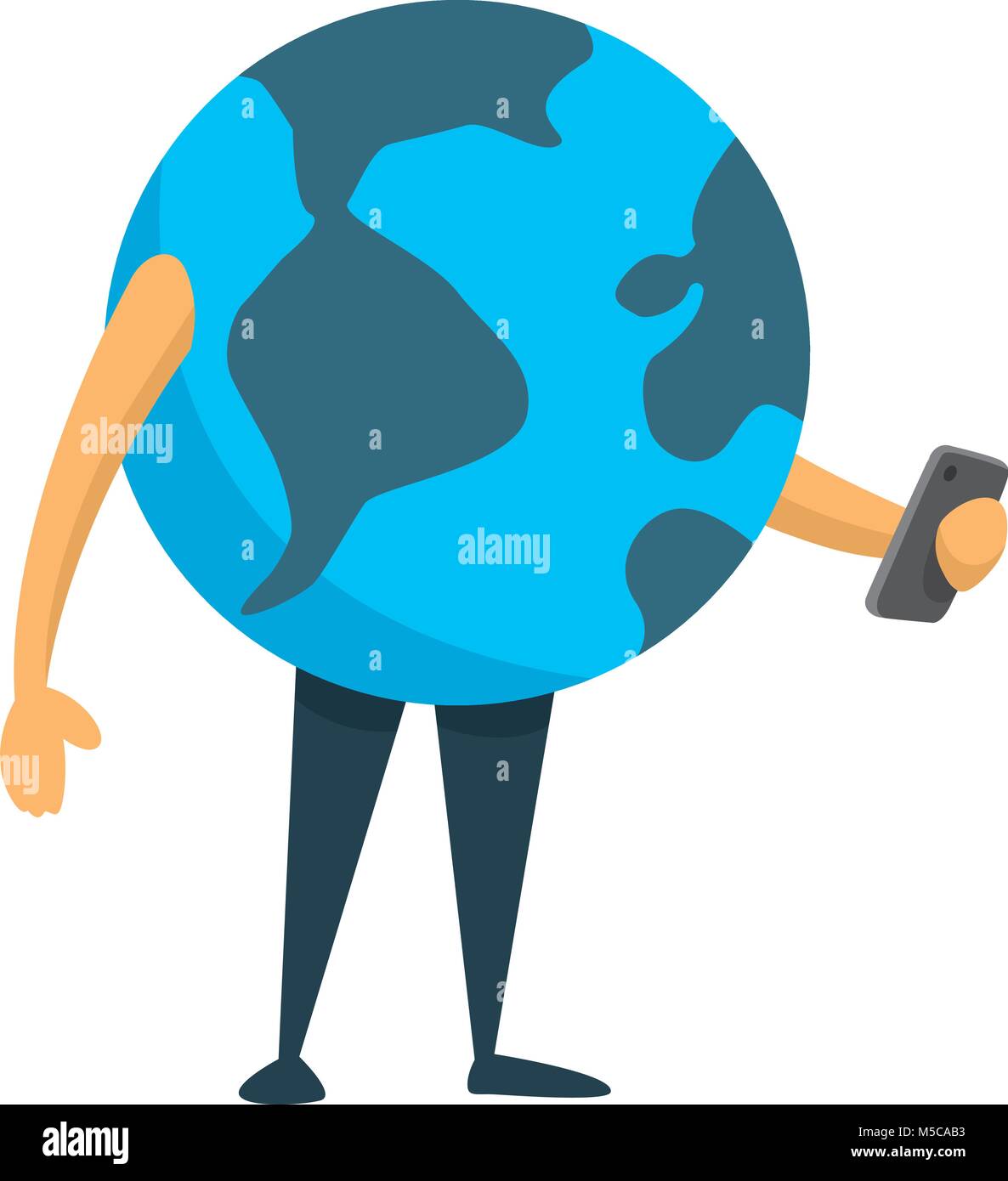Cartoon ilustración del planeta tierra usando un teléfono móvil Ilustración del Vector
