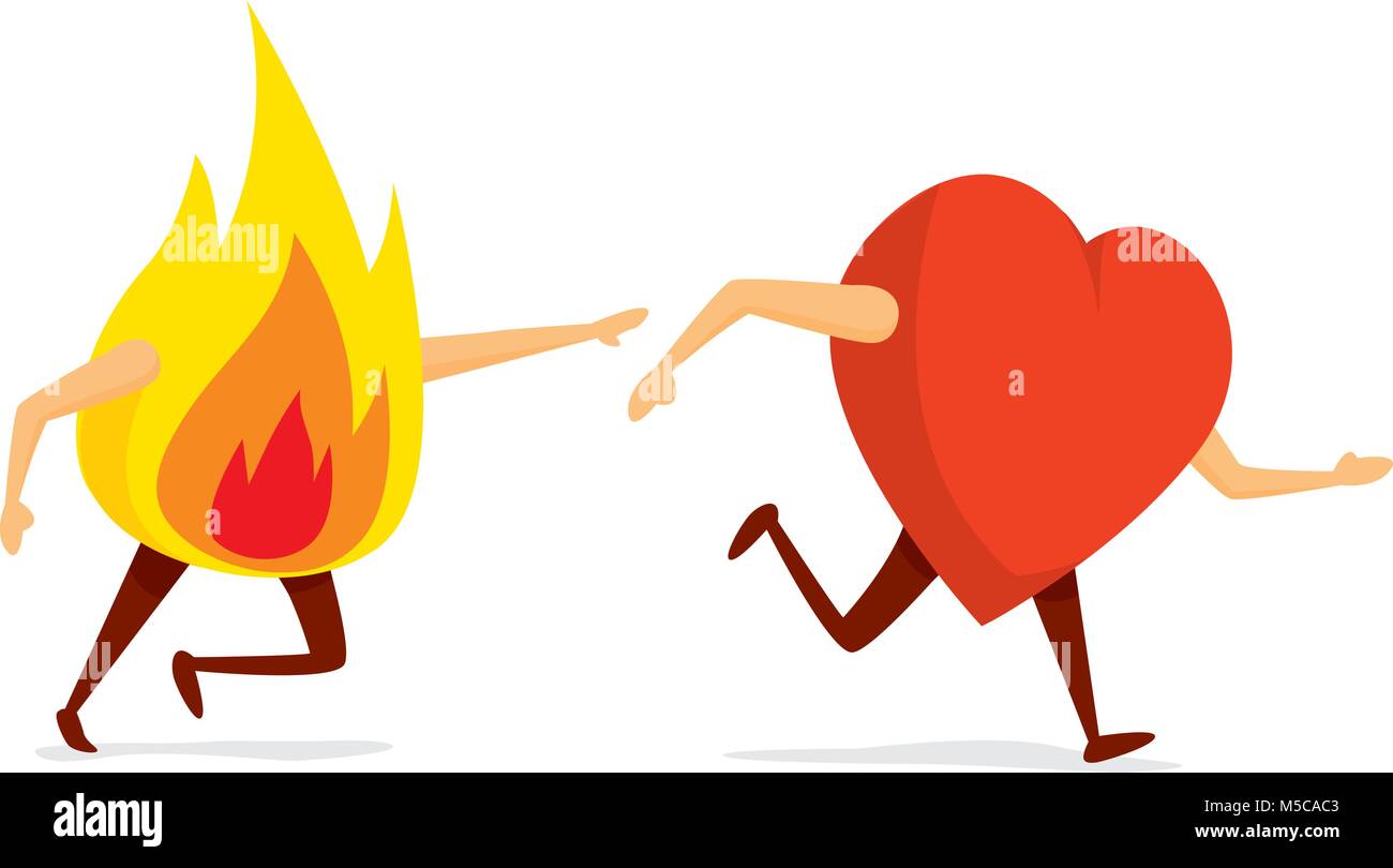 Ilustración caricatura divertida de fuego persiguiendo corazón rojo Ilustración del Vector