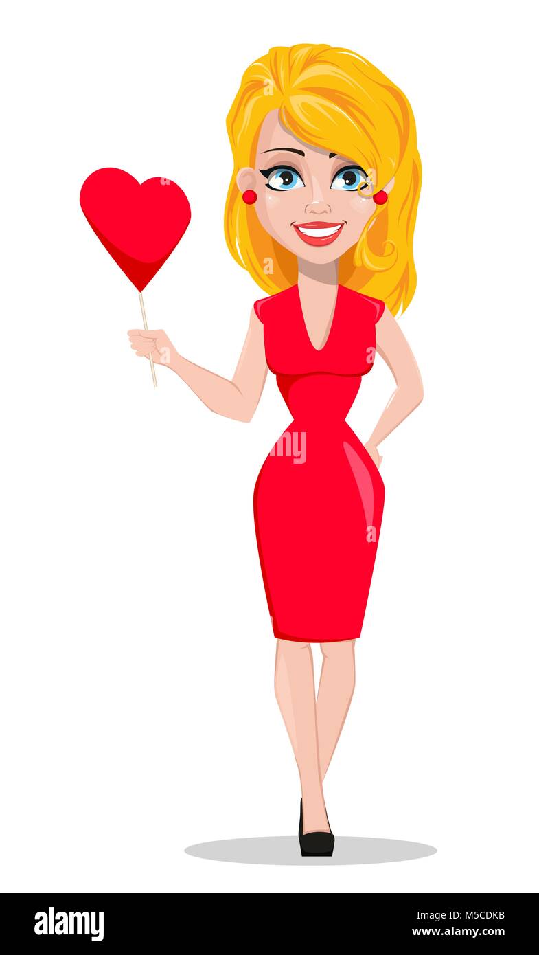 Mujer hermosa en el vestido rojo sosteniendo el papel del corazón.  Sonriente personaje de dibujos animados. Ilustración para el día de San  Valentín o el día de la mujer. Vector stock Imagen