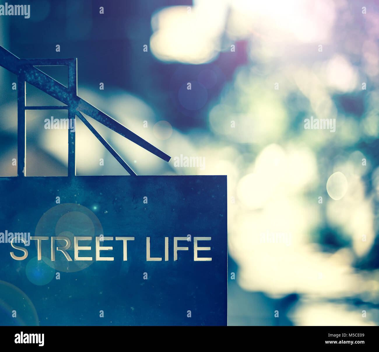 Signo de la vida en la calle. Las palabras la vida callejera en Letrero metálico con fondo borroso. Foto de stock