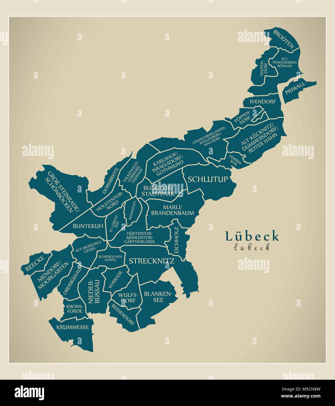 Mapa de la ciudad moderna Luebeck ciudad de Alemania con municipios y títulos de Imagen Vector