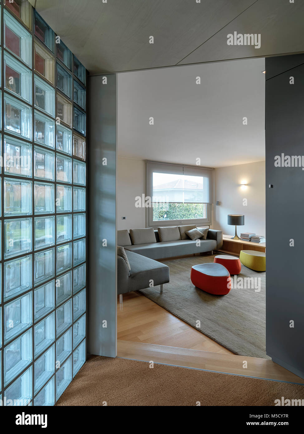 Los interiores fotos de un salón moderno con suelos de madera y la alfombra en el primer plano de la pared de vidrio block Foto de stock