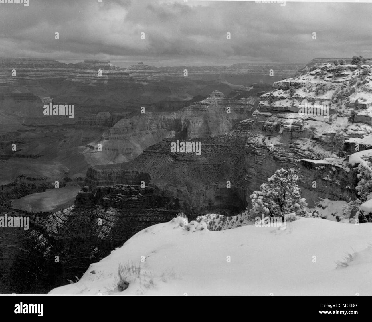 Grand Canyon desde el punto de vista Maer Mather Point, mirando al oriente hasta Canyon tras las fuertes tormentas de nieve. Foto de stock