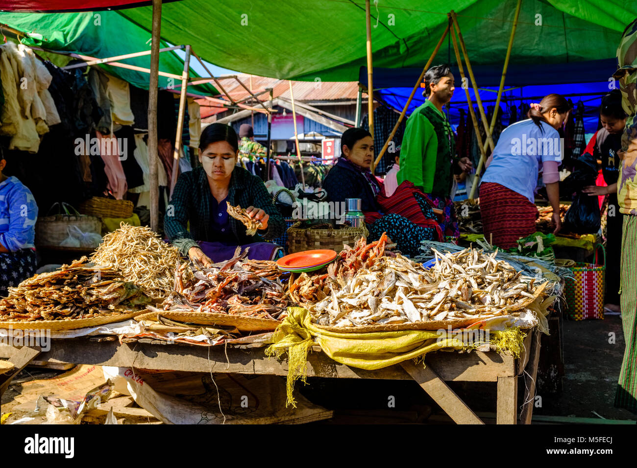 Una mujer de pescadores locales es la venta de pescado seco en el mercado de la calle de la ciudad. Foto de stock