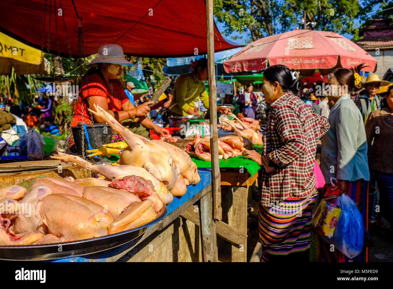 Una mujer los agricultores locales es la venta de la carne de pollo en el mercado de la calle de la ciudad. Foto de stock