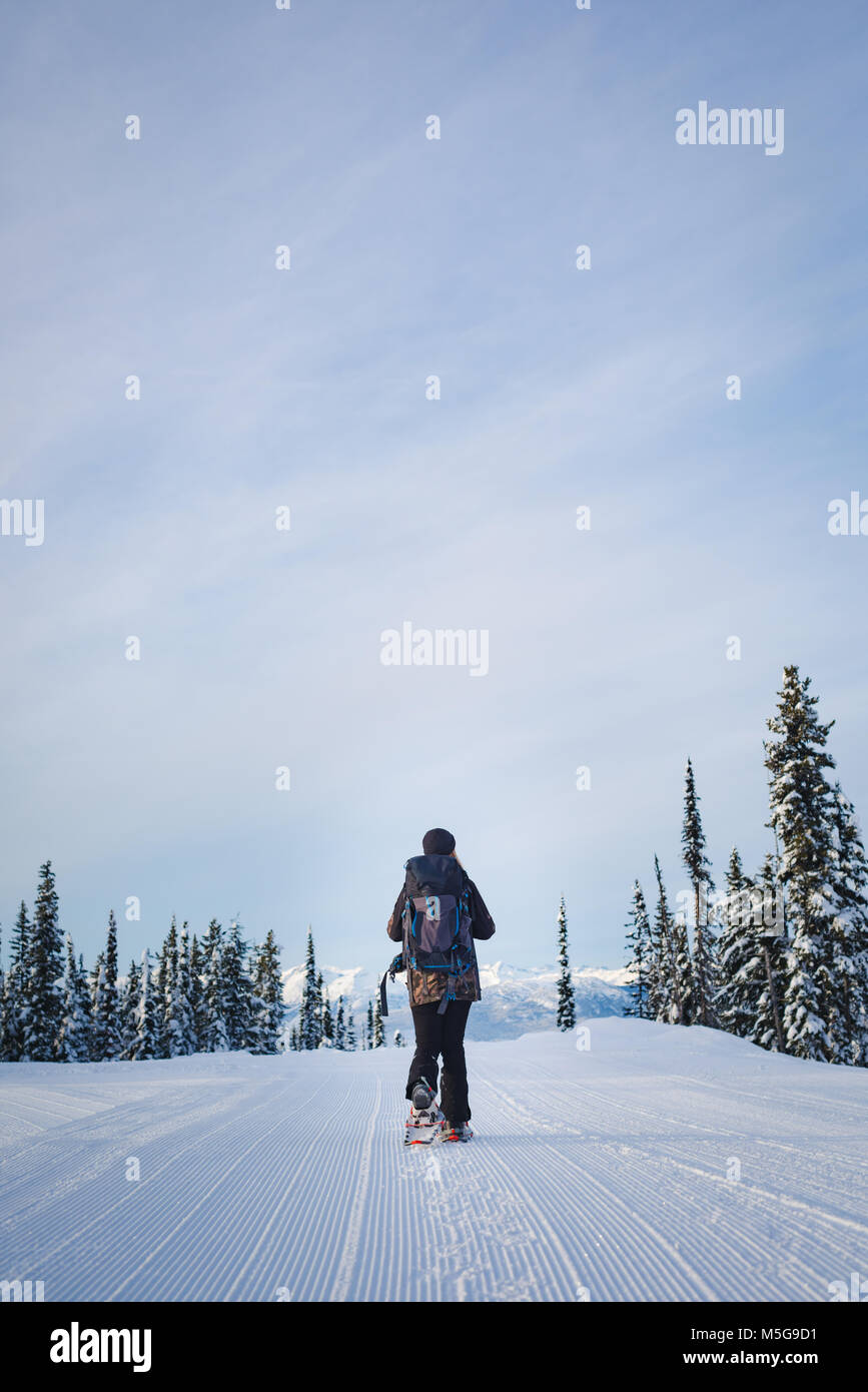 Mujer caminando en el paisaje cubierto de nieve Foto de stock