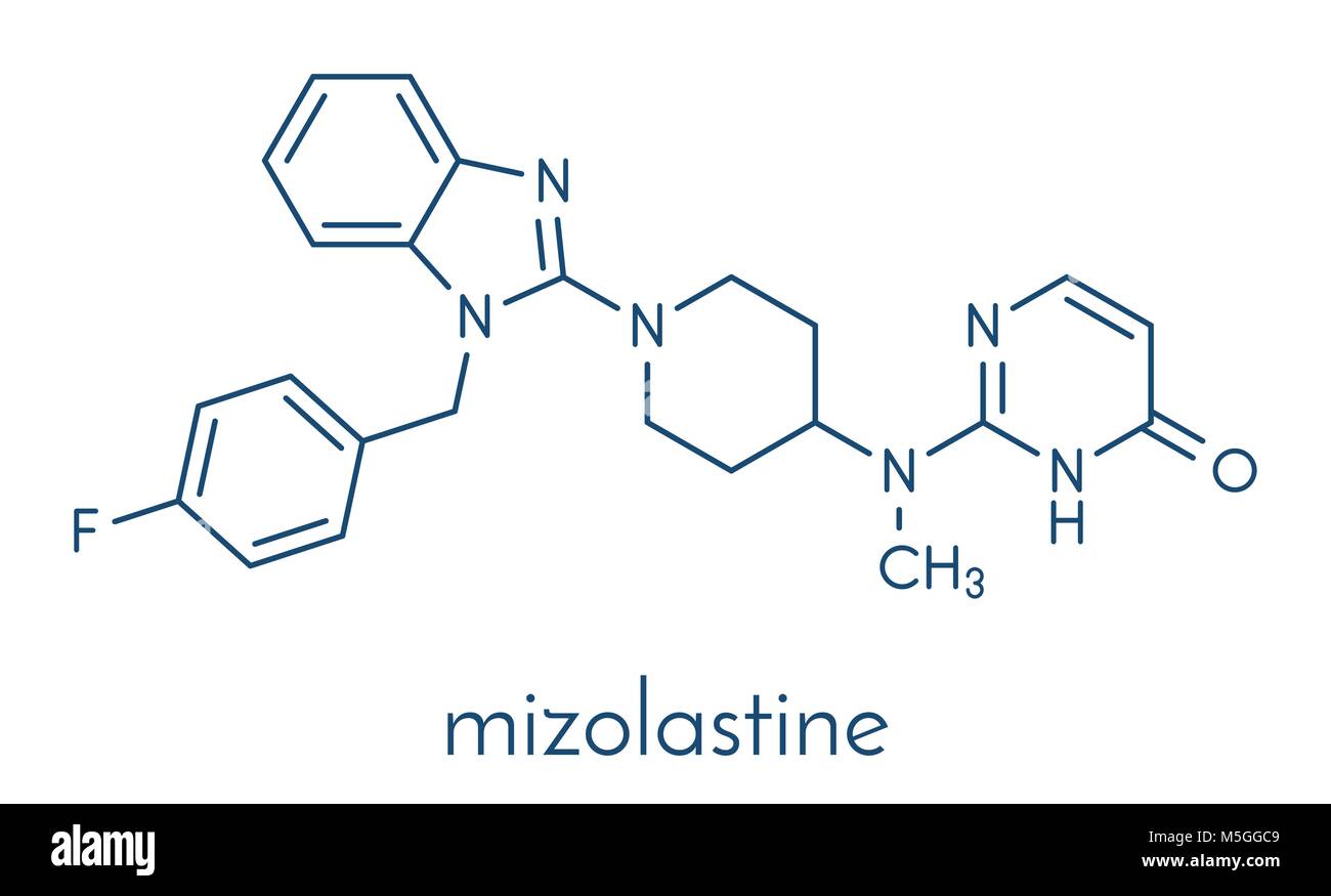 Mizolastina antihistamínico fármaco molécula. Fórmula esquelética