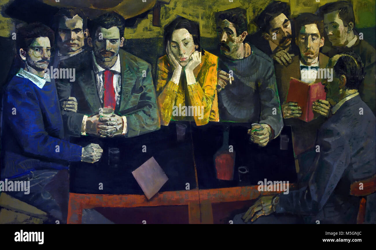 La Cepa- Cepa ( nueve personajes que posan para el pintor alrededor de una mesa con vino y copas, como en una fotografía )Manuel Alcorlo 20th, 1935 siglo, España, español Foto de stock