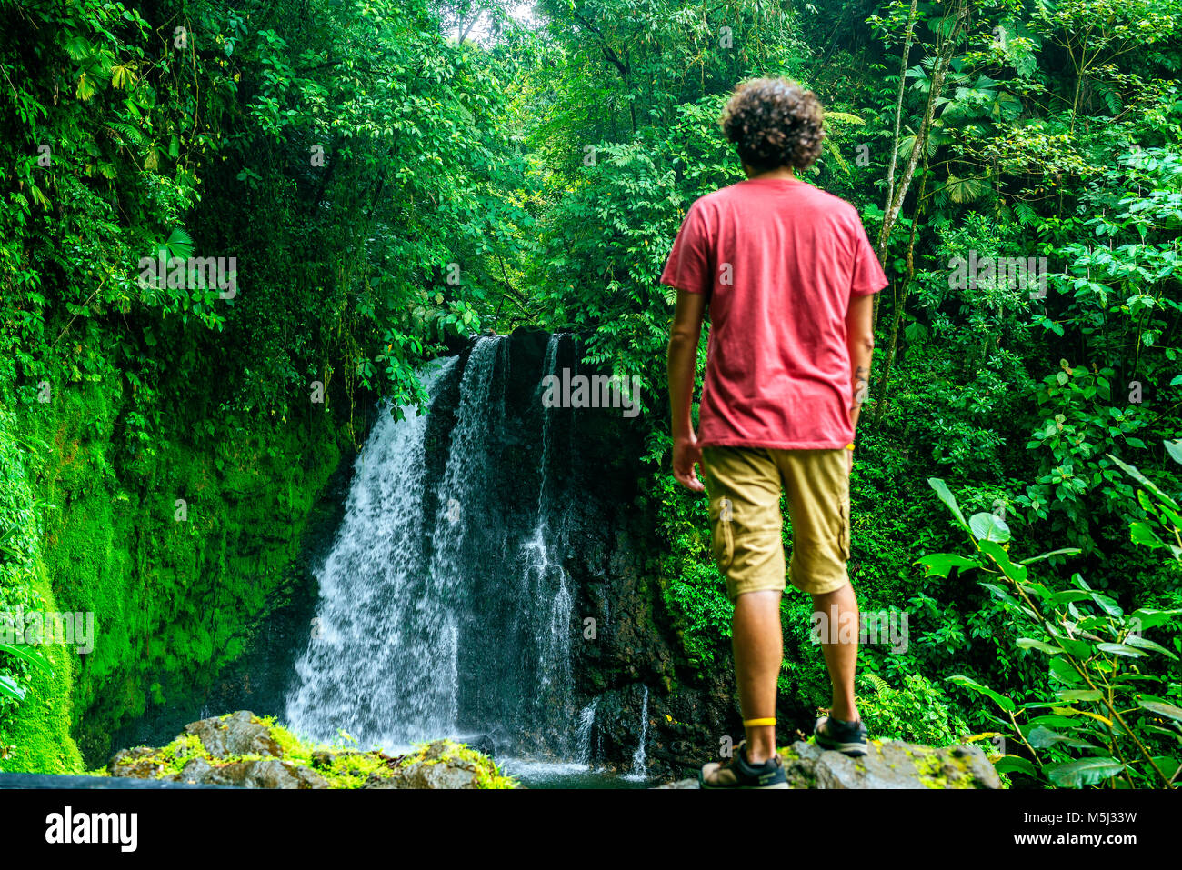 Costa Rica, hombre mirando una cascada onn la ruta Cerro Chato Foto de stock