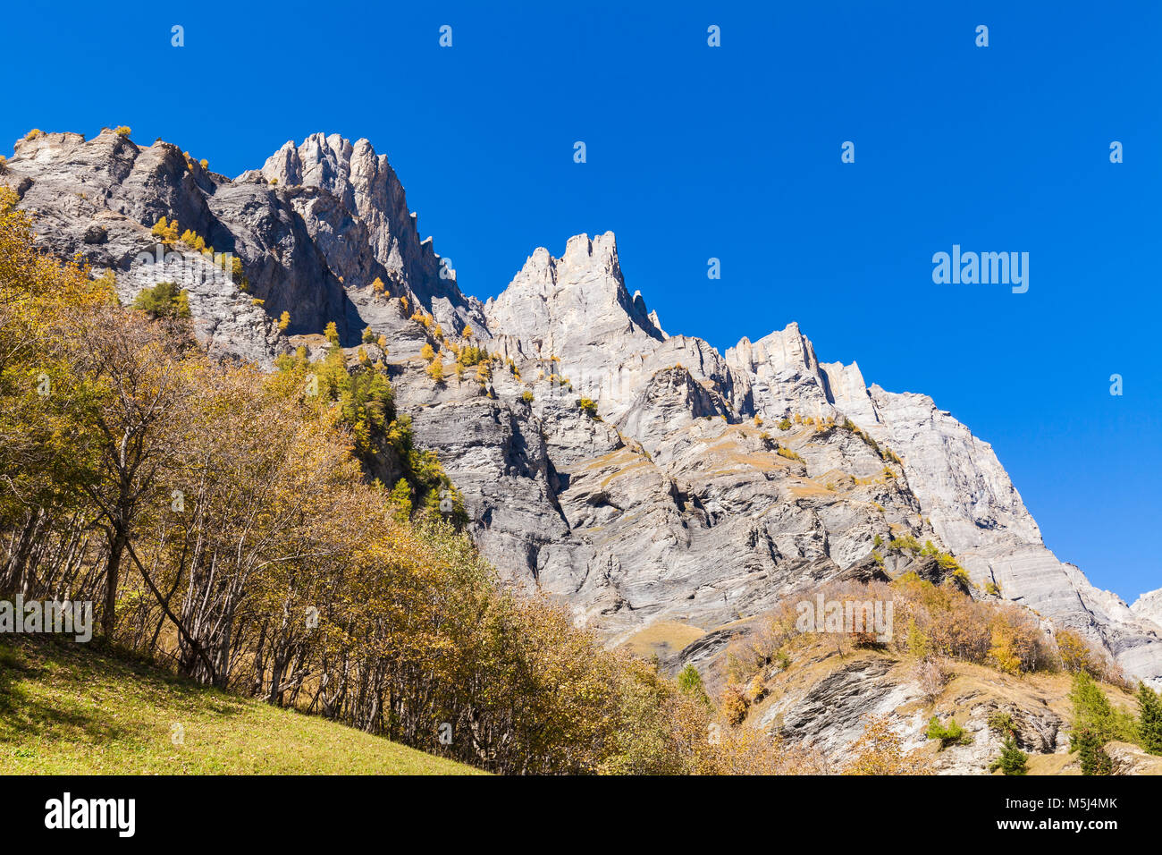Schweiz, Kanton Wallis, Leucurbad, Bergmassiv Leeshörner, Gebirge, Felsen, Felsnadeln, Herbstwald Foto de stock