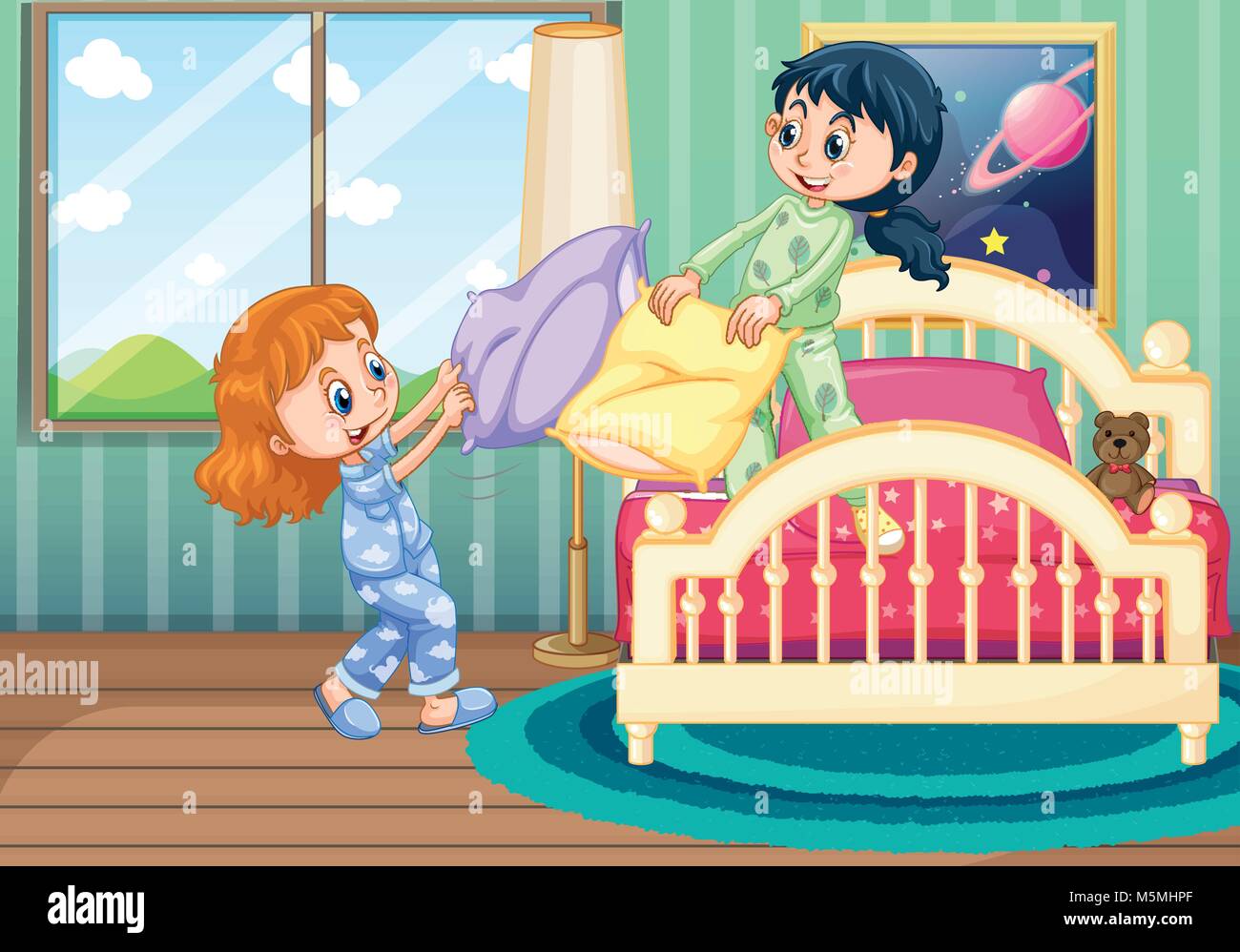 Dos niñas juegan almohada combates en dormitorio ilustración Ilustración del Vector
