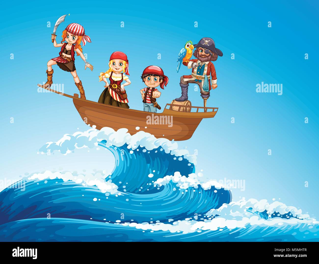 Piratas en barco en el mar ilustración Imagen Vector de stock - Alamy