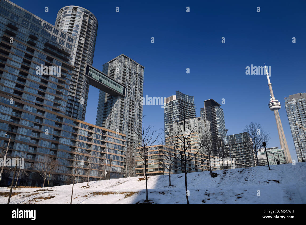 Concord CityPlace desarrollado por Concord Adex desarrollos actualmente Canoa Landing Park en el centro de Toronto, en invierno con la CN Tower y cielo azul Foto de stock