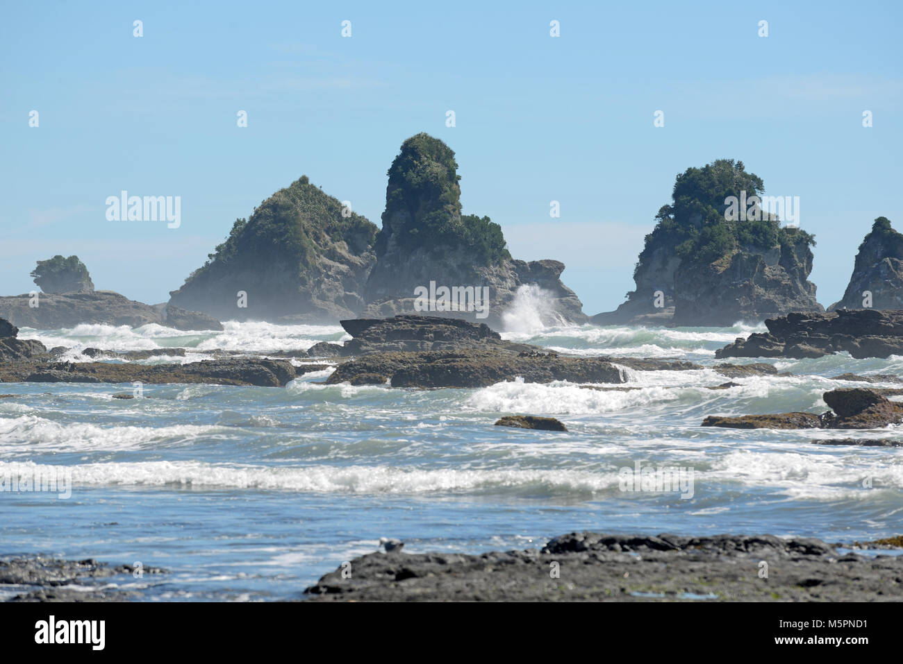 Marea baja en una playa de la Costa Oeste, Isla del Sur, Nueva Zelanda Foto de stock